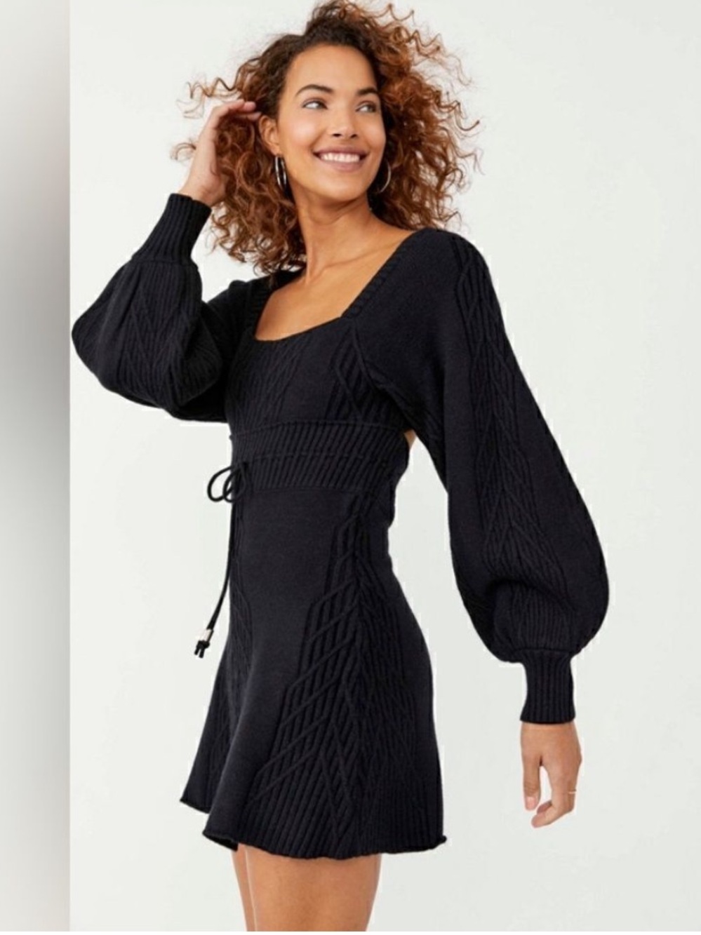 Free People Emmaline Mini Dress Cable Knit Sweater Black. Size Large